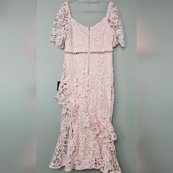 Lulus Briarwood Blush Pink Lace Short-Sleeve Trumpet Hem Ruffled Midi Dress - Picture 8 of 16